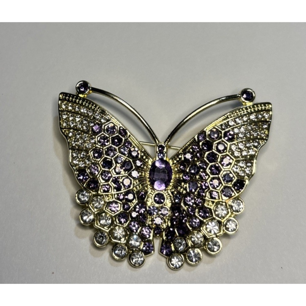 Large Butterfly Brooch Purple Clear Rhinestones Gold Tone New 2"